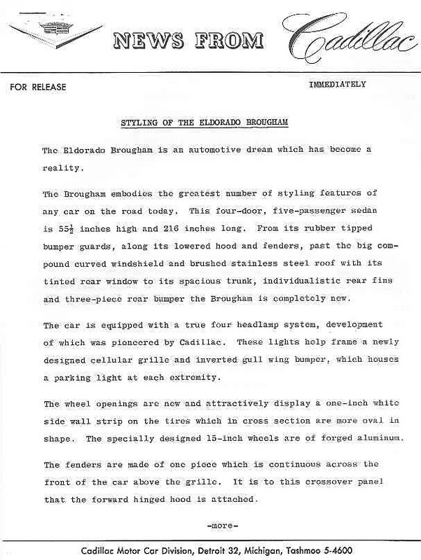 1957 Cadillac Eldorado Brougham Press Release Page 1